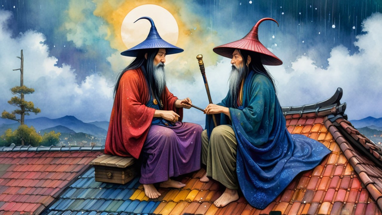 Wise Figures on Colorful Roof Under Full Moon