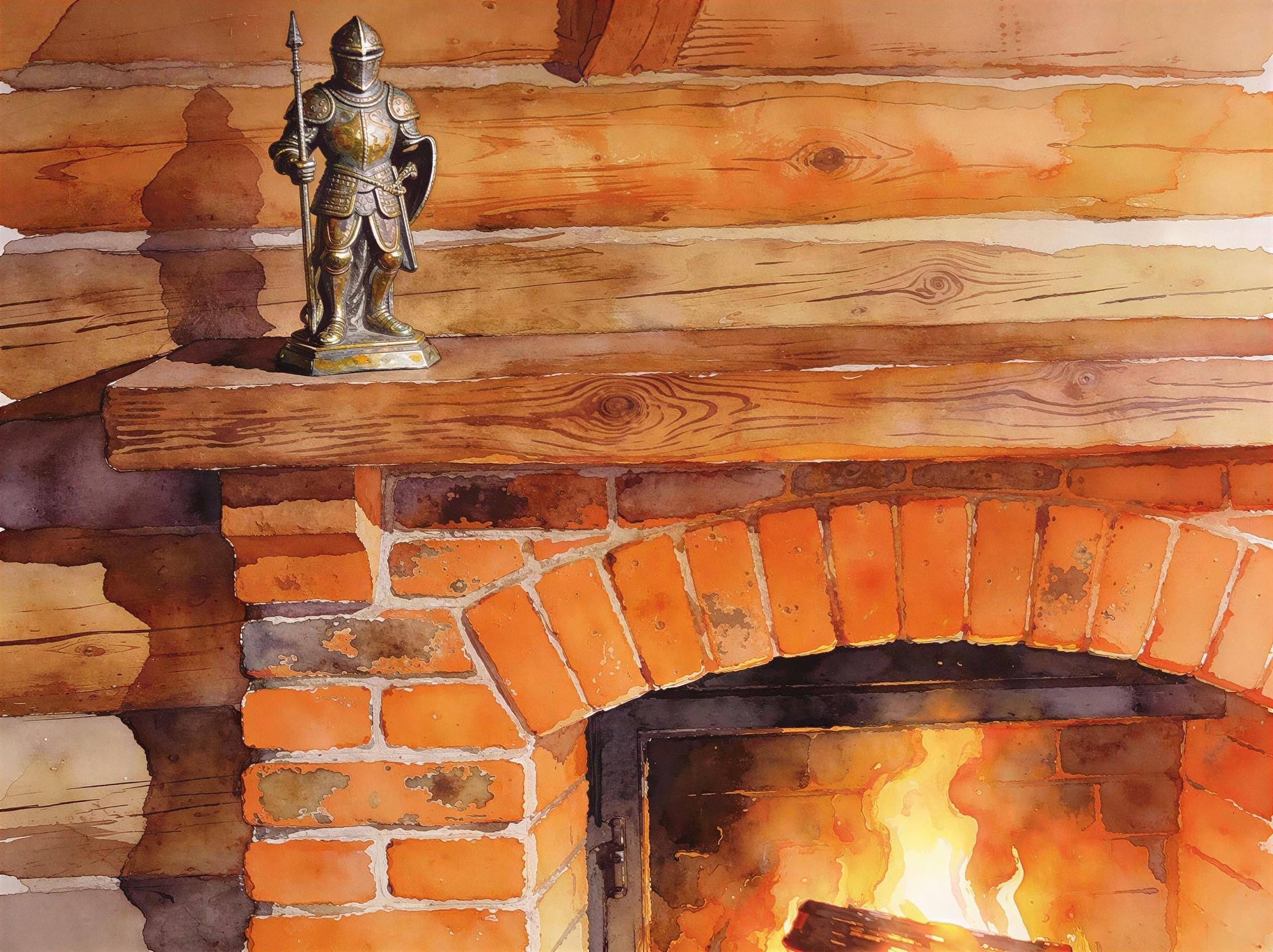 Cozy Fireplace Scene with Watercolor Details