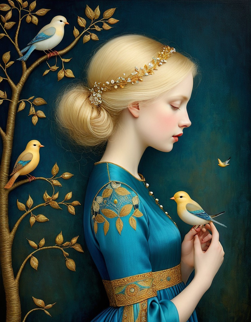 Young woman in blue gown with golden accents and birds