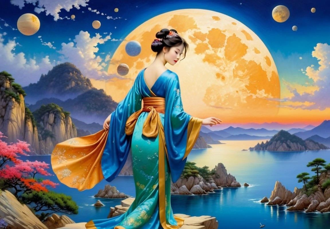 Serene Landscape with Woman in Flowing Kimono