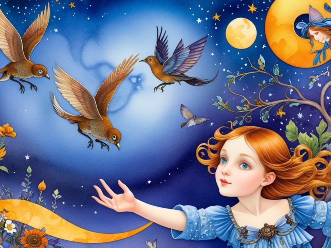 Whimsical Illustration of Girl with Birds and Night Sky