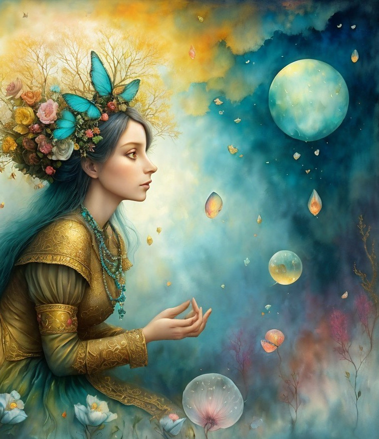 Serene Young Woman in Golden Gown with Floral Crown