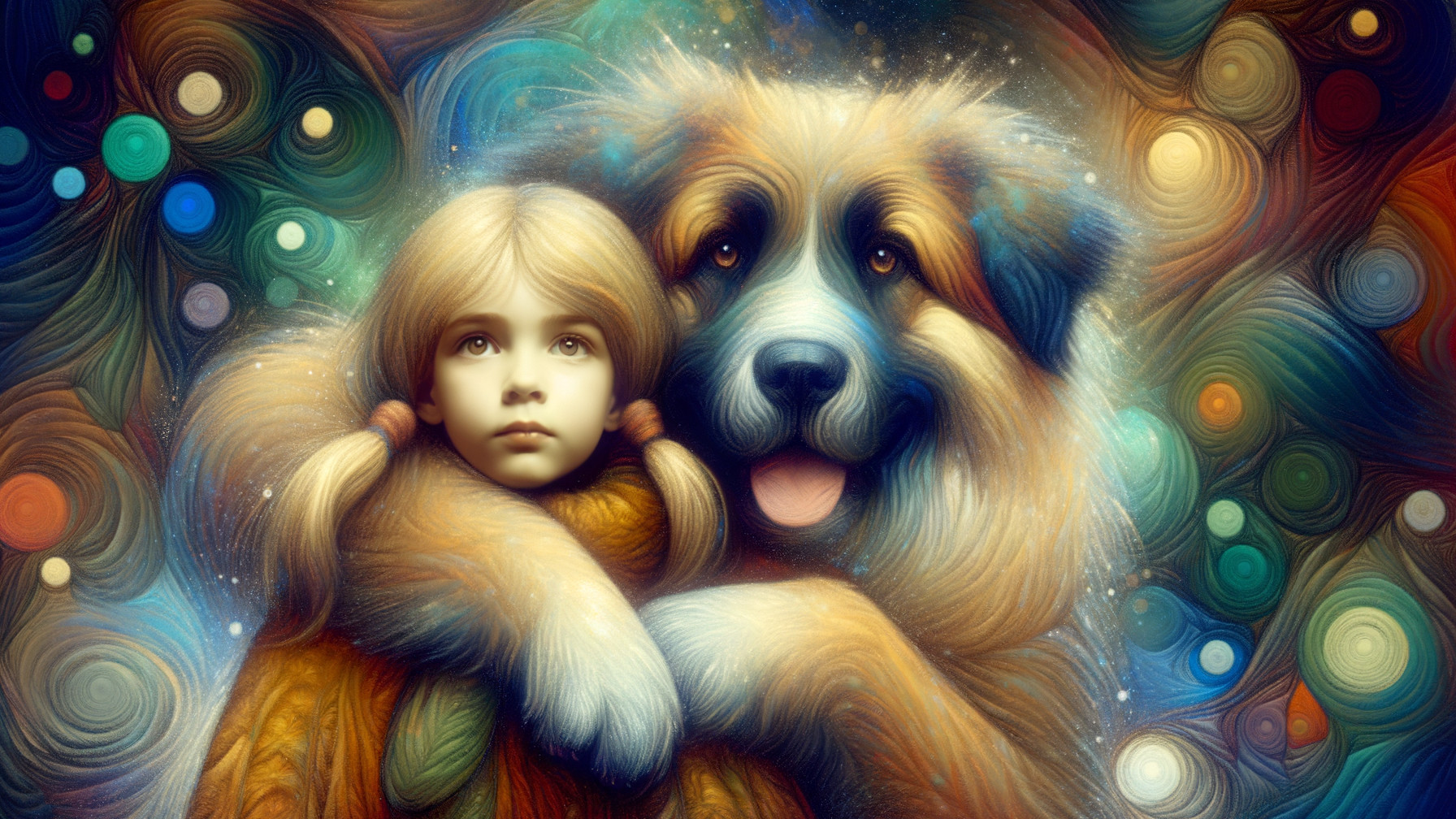 Young girl with dog in vibrant, dreamlike setting
