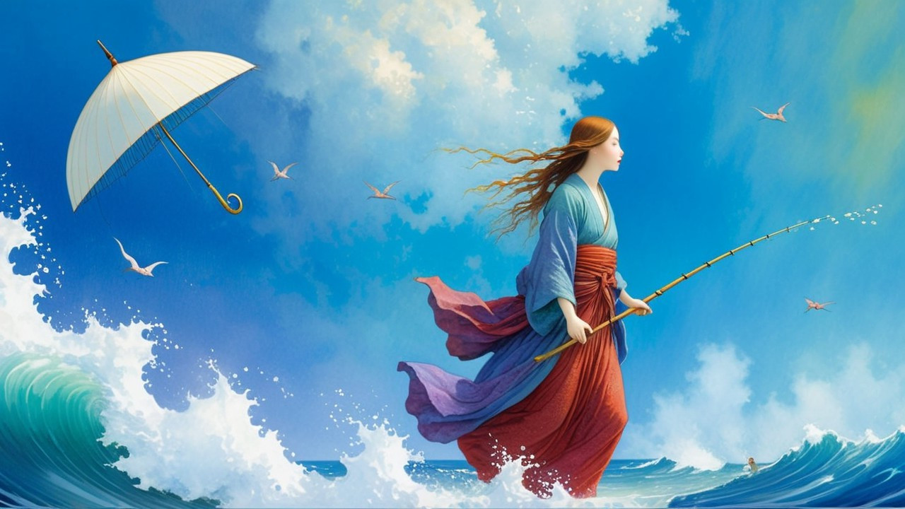 Woman Walking Through Ocean Waves with Fishing Rod