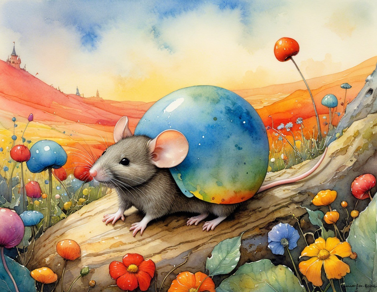 Whimsical Mouse on Log with Colorful Egg Illustration