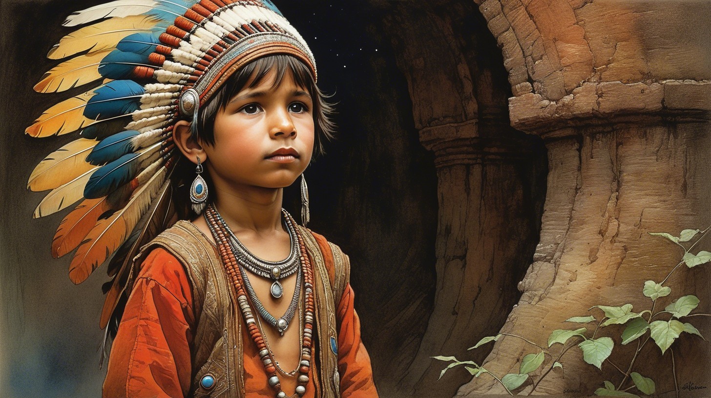 Young Boy in Traditional Attire with Ancient Background