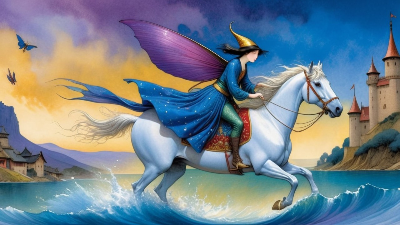 Magical figure on white horse in enchanting landscape