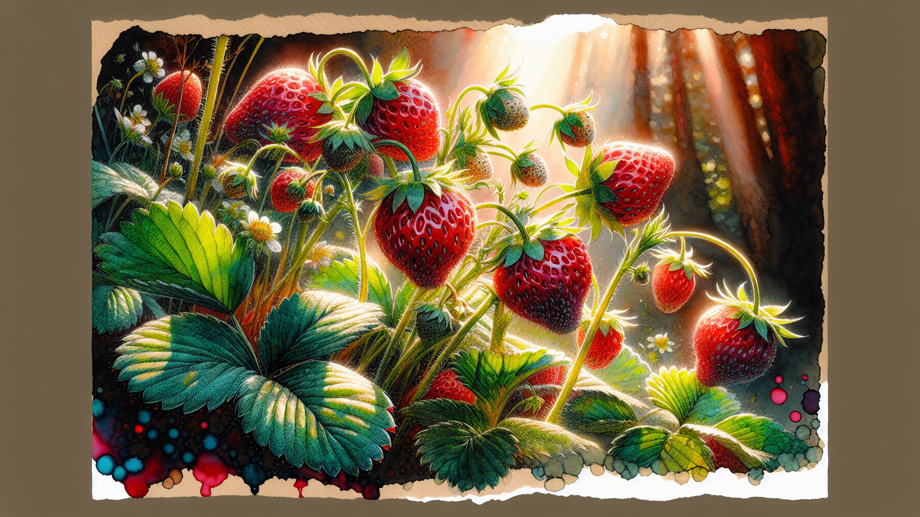Vibrant Illustration of Strawberries in a Garden