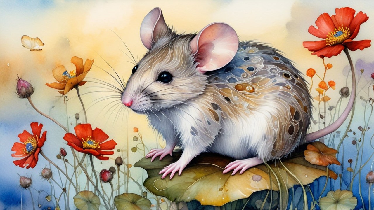 Whimsical Mouse Illustration on Green Leaf with Poppies