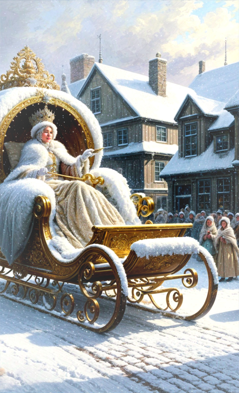 Regal Figure in Golden Sleigh at Snowy Village
