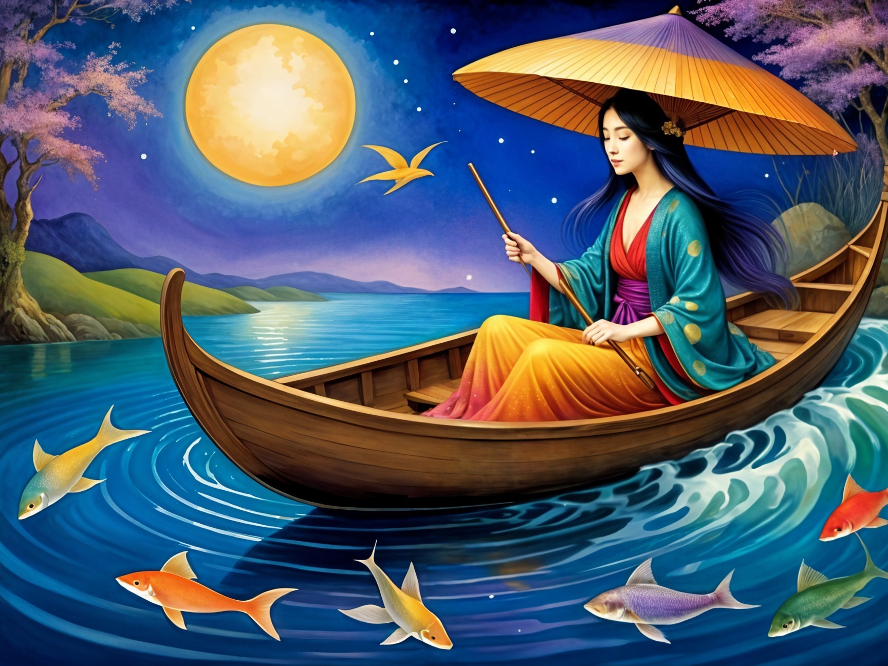 Woman in Kimono on a Boat in Tranquil Lake Scene