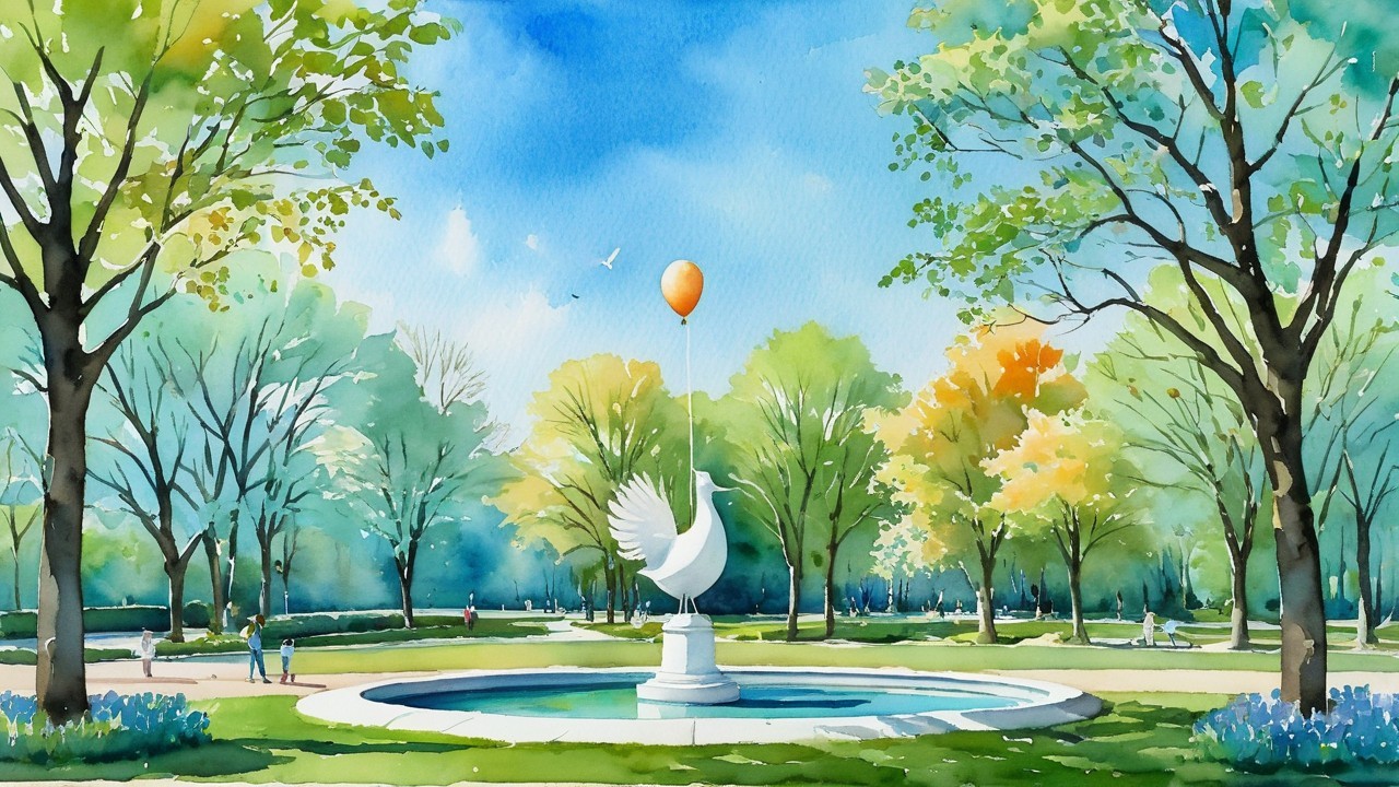 Serene Park Scene with Fountain and Bird Statue