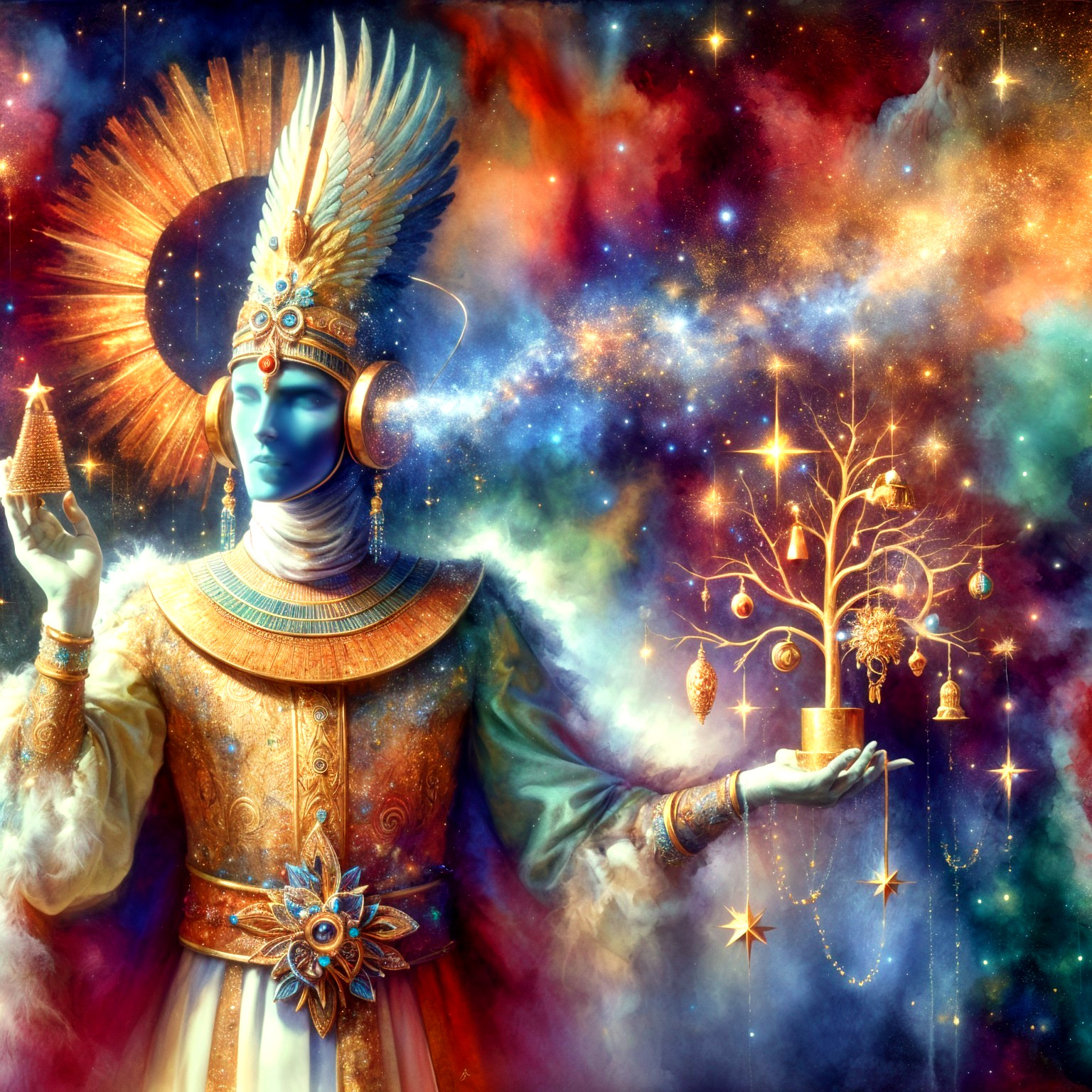 Celestial Figure in Ornate Attire Against Cosmic Backdrop