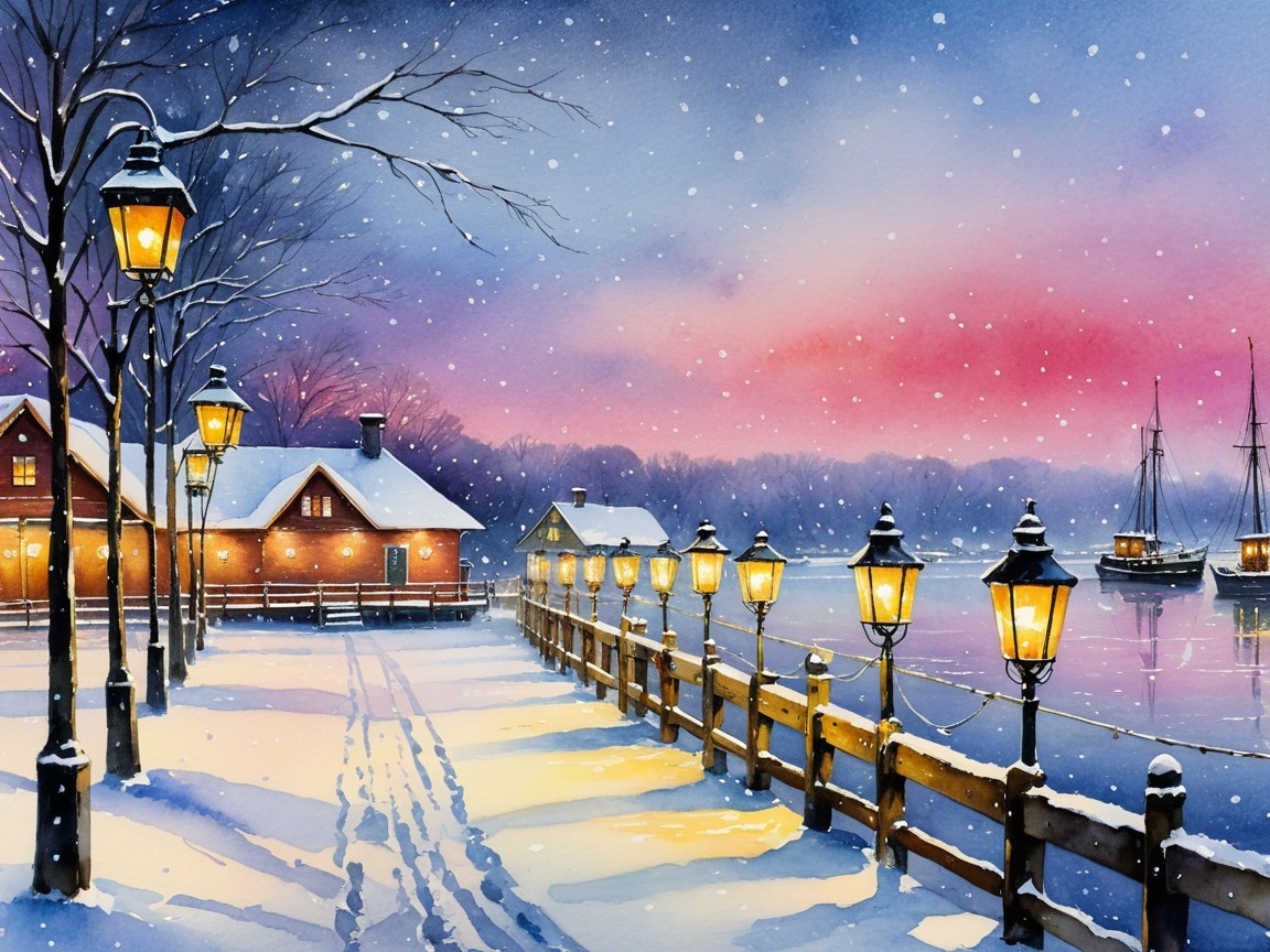 Serene winter landscape with snow and warm lights
