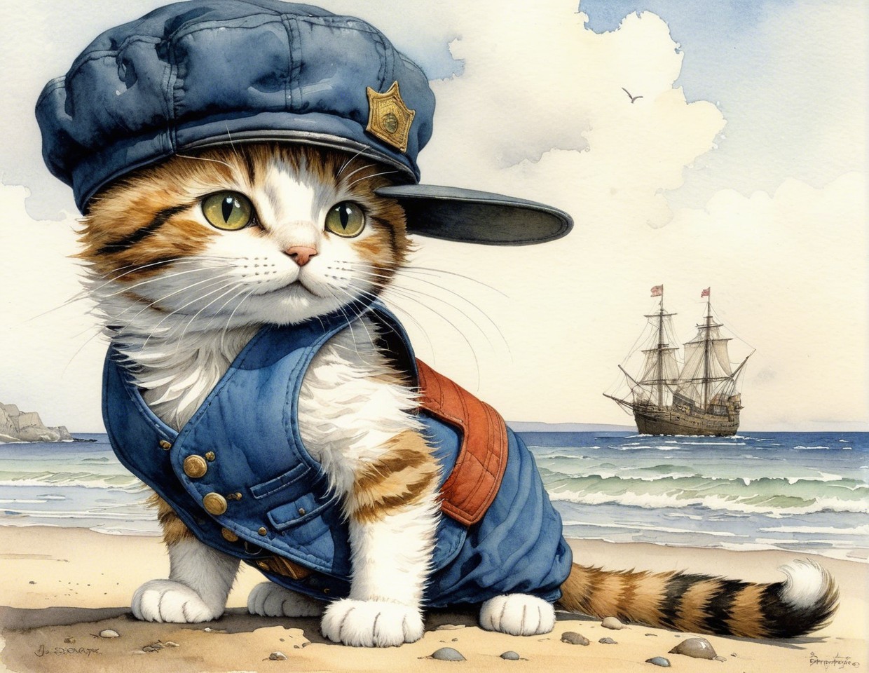 Cat in Police Cap on Beach with Sailing Ship
