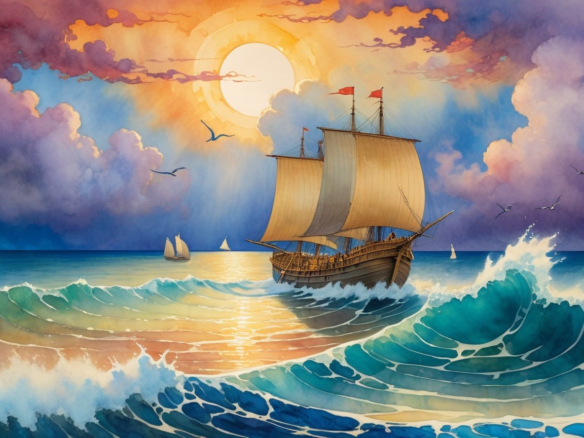 Majestic Sailing Ship in Vibrant Maritime Scene