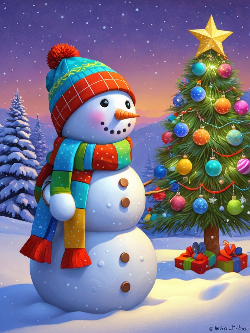 Cheerful Snowman in Snowy Landscape with Christmas Tree