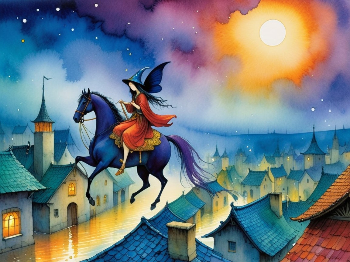 Witch Riding Blue Horse Over Village at Night