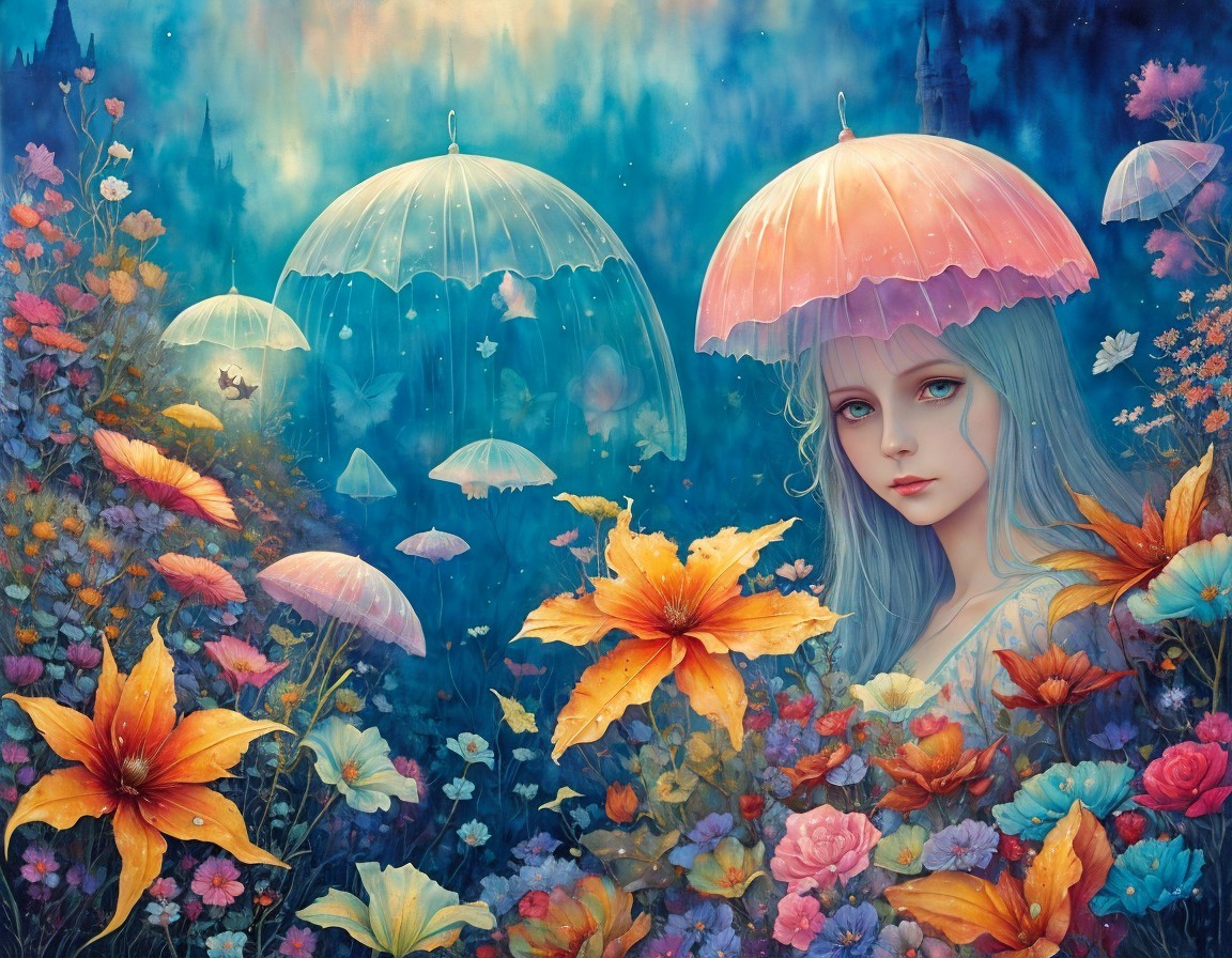Young girl in a dreamlike landscape with flowers and umbrellas