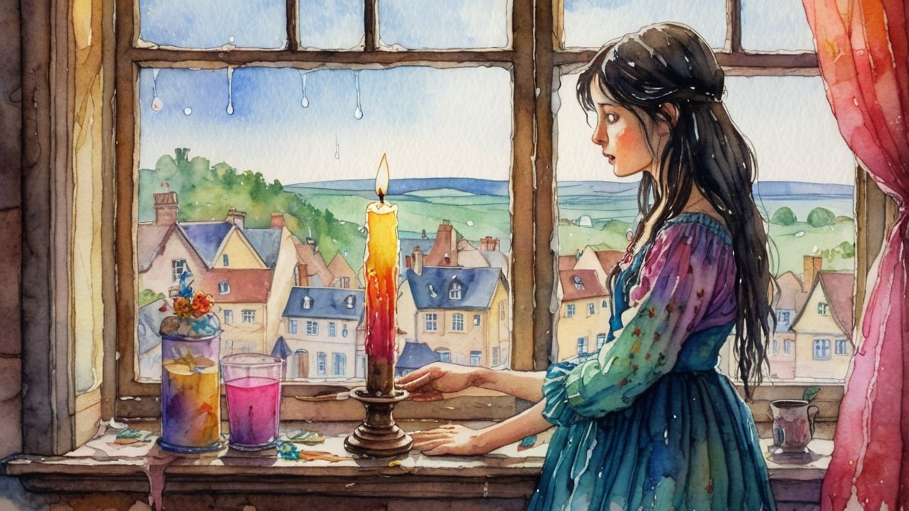 Young girl gazing out window with candlelight glow