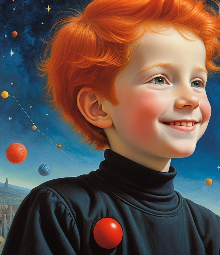 Cheerful boy with red hair in cosmic setting