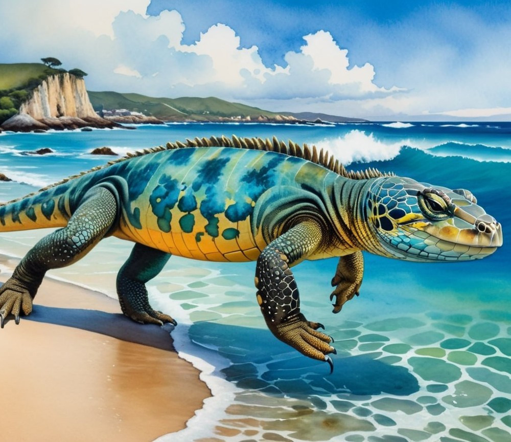 Colorful Lizard Creature on Sandy Beach Scene
