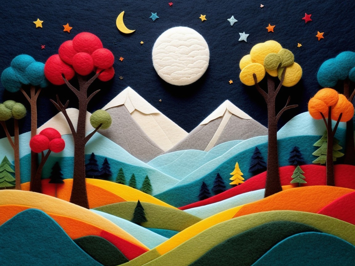 Vibrant Felt Landscape with Colorful Trees and Mountains