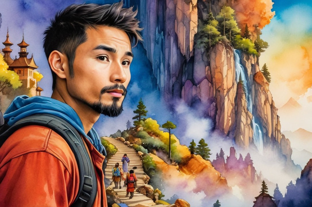 Young man in vibrant animated landscape with mountains