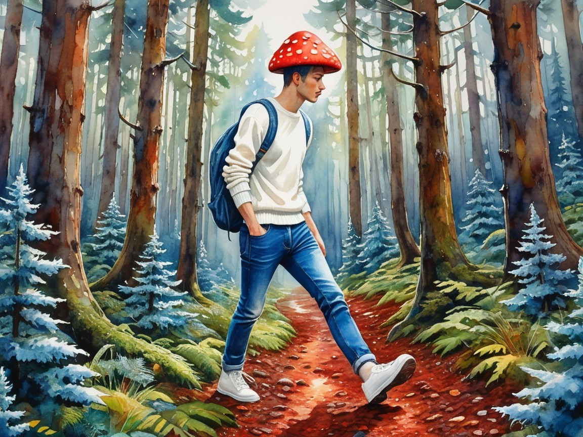 Young man in whimsical mushroom hat on forest path