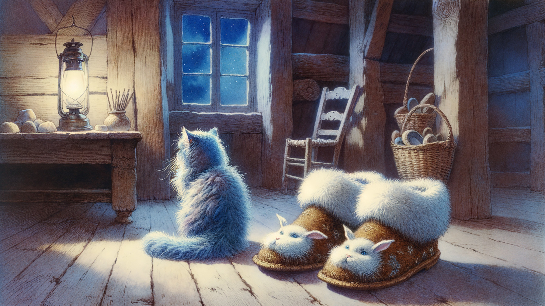 Cozy Room with Blue Cat and Starry Night View