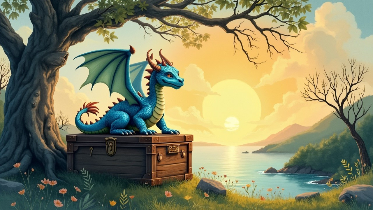 Vibrant Blue Dragon on Treasure Chest at Sunset