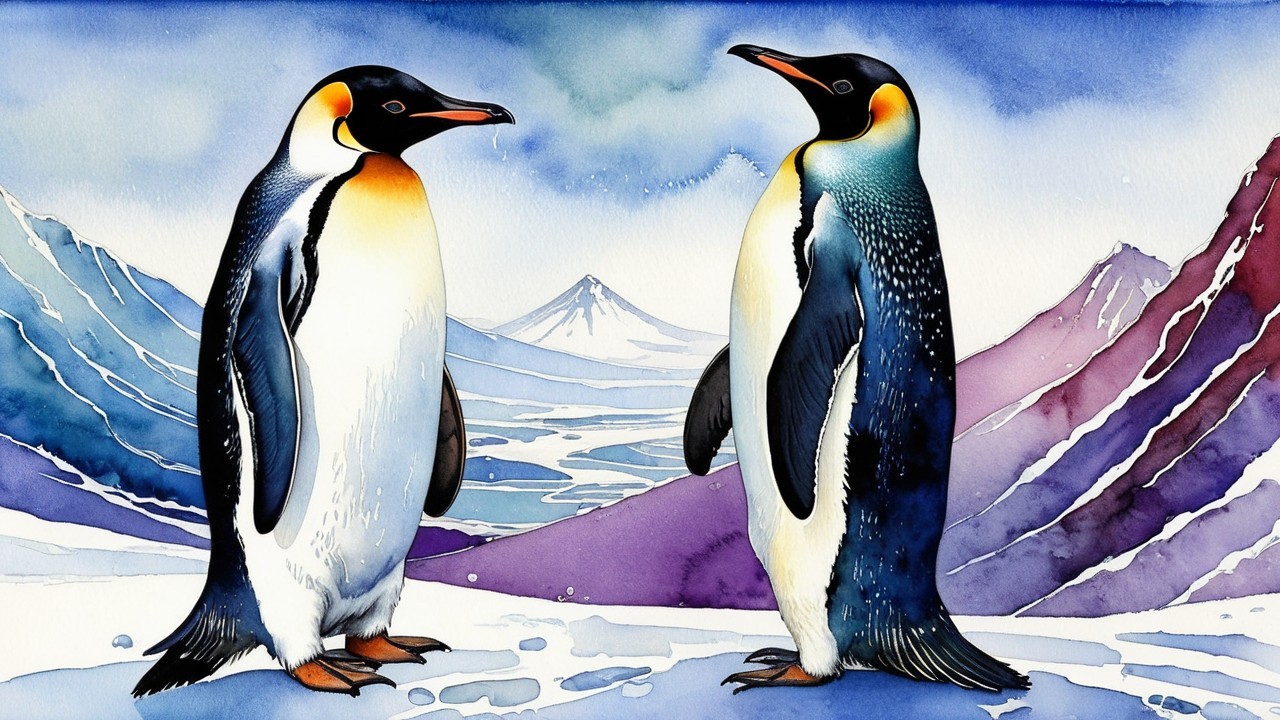 Vibrant Penguins in a Serene Antarctic Landscape