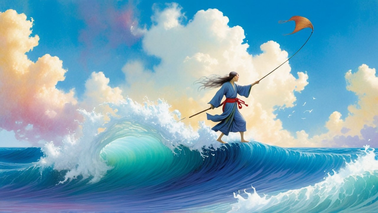 Serene figure in blue robes with colorful kite on waves