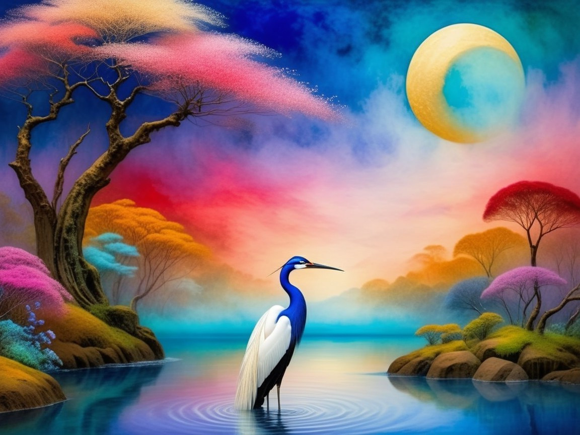 Serene Landscape with Blue Heron and Moonlit Sky