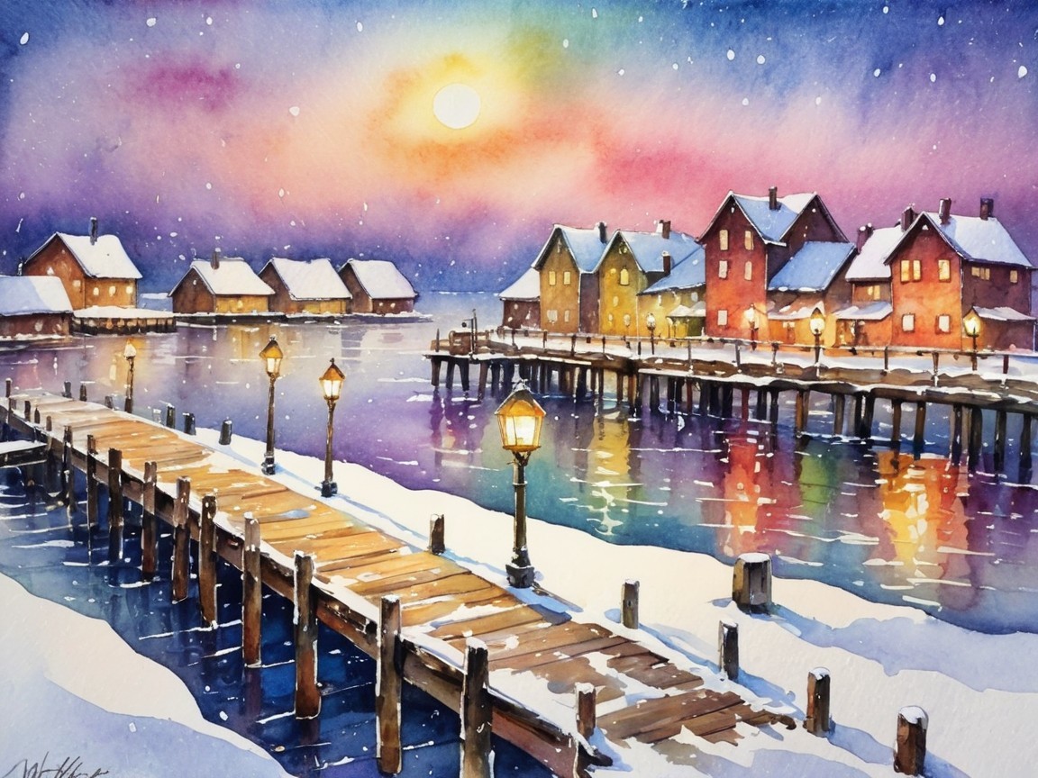 Serene Winter Scene with Colorful Houses and Snow
