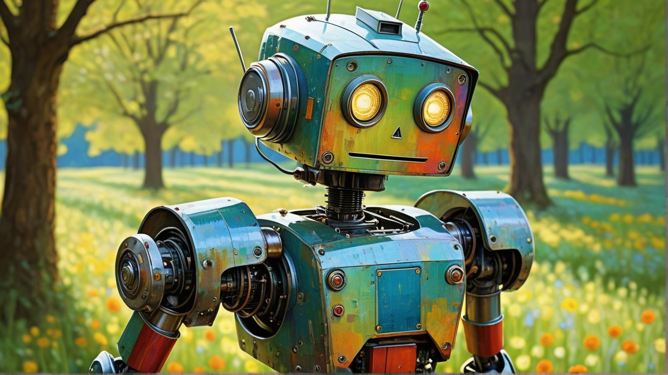 Retro-futuristic robot in a vibrant flower field