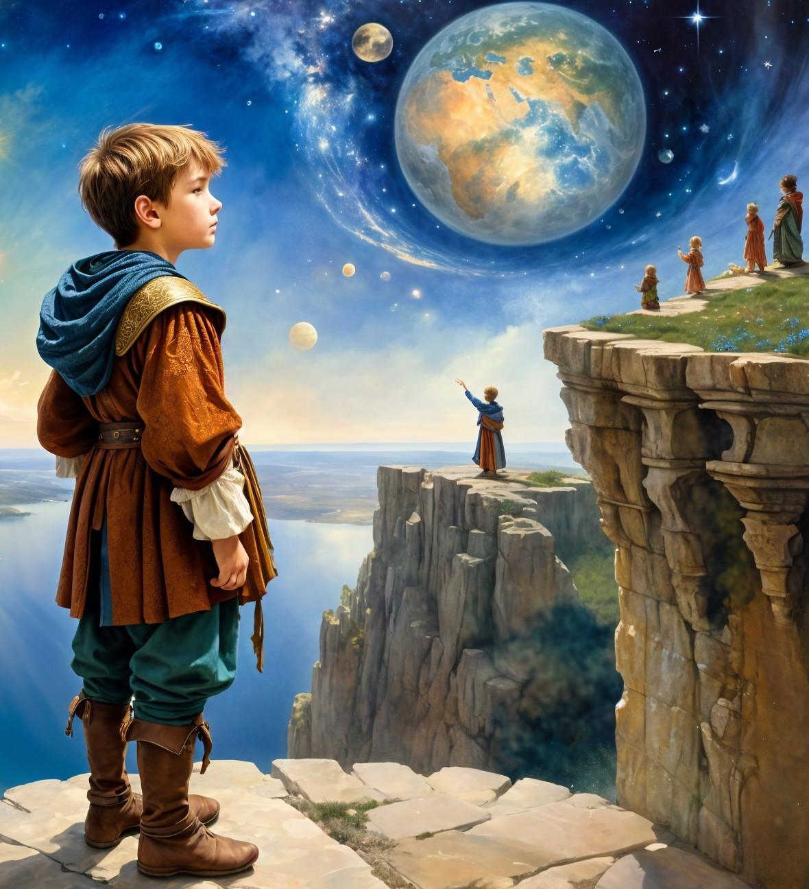 Boy on Cliff Observing Colorful Cosmic Scene