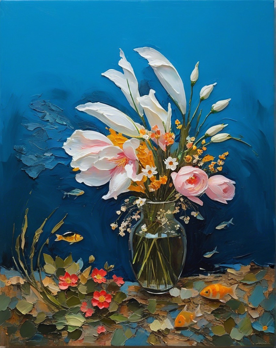 Vibrant Still-Life with Flowers and Aquatic Elements