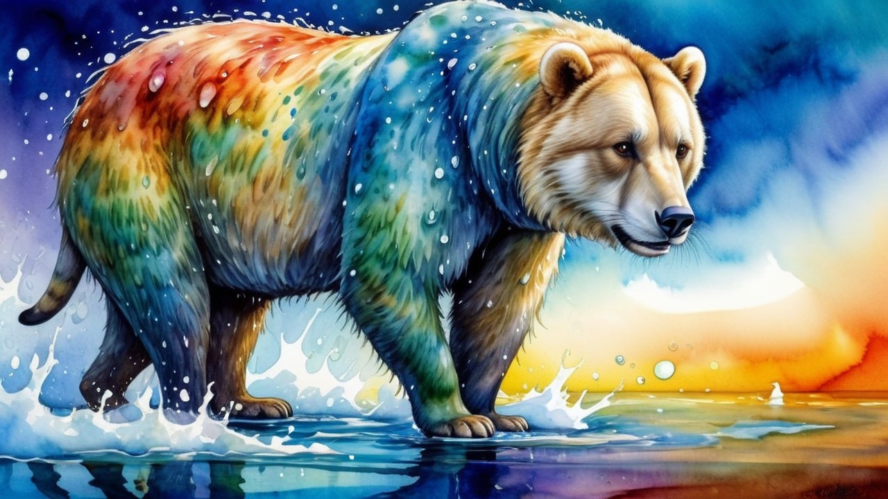 Colorful Bear at Water's Edge with Dramatic Sky