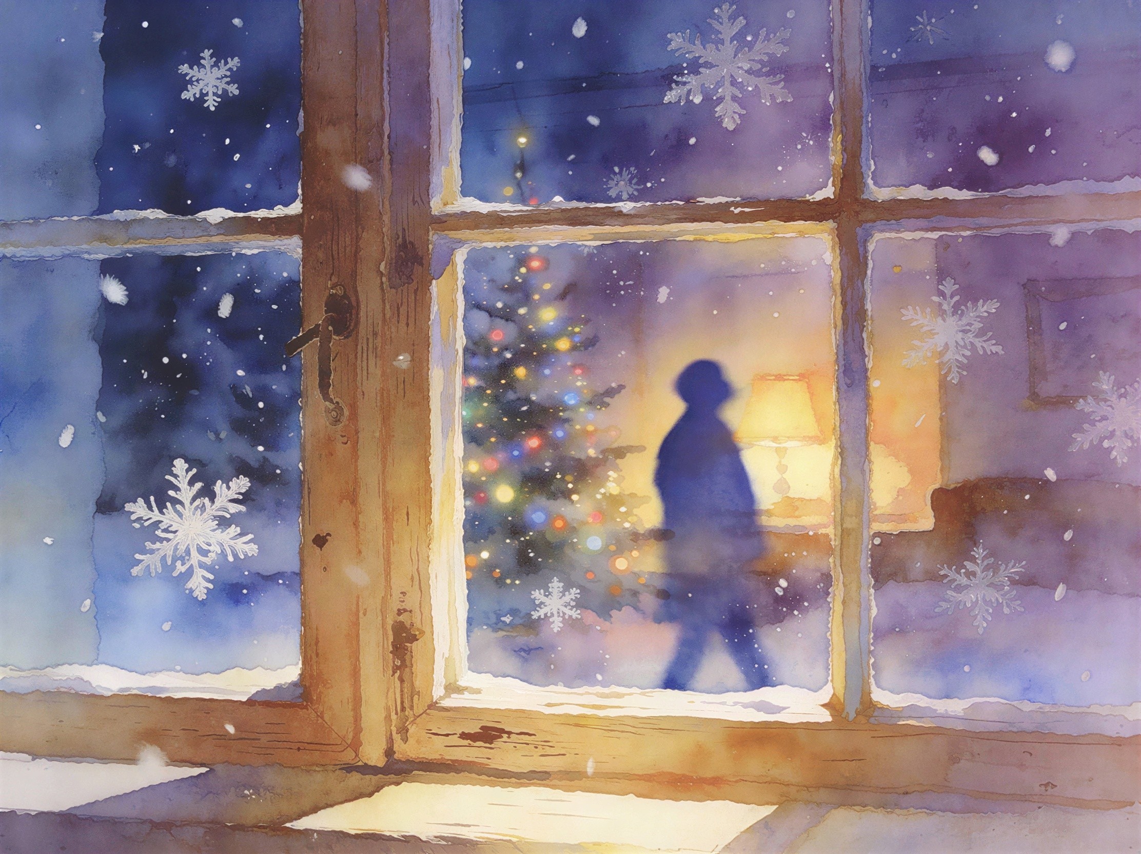 Watercolor Scene of Snowy Window and Christmas Tree