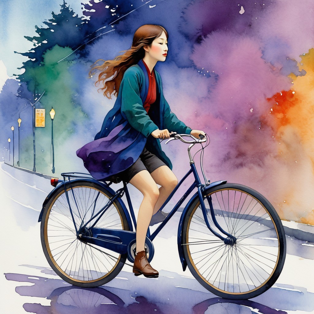 Young Woman Biking on a Colorful Watercolor Road