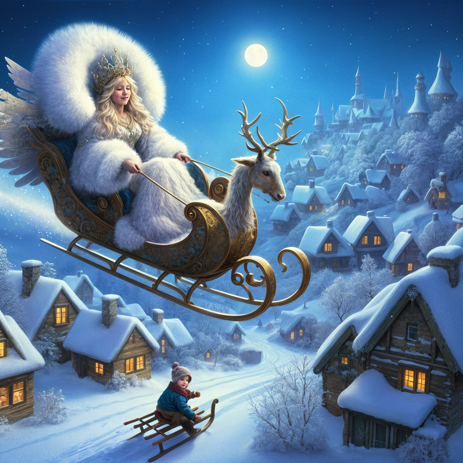 Magical Winter Scene with Sleigh and Snowy Village