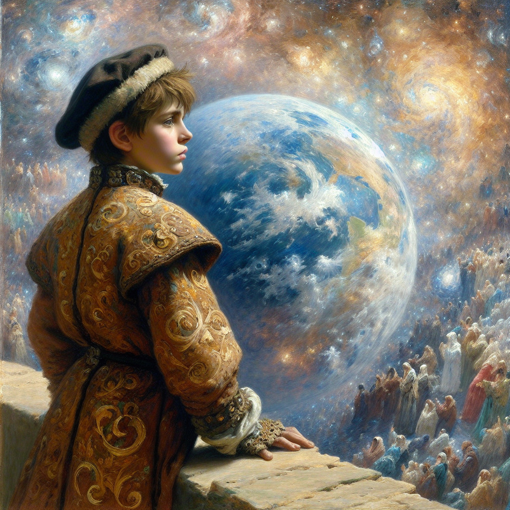 Young boy in golden robe gazes at vast cosmos