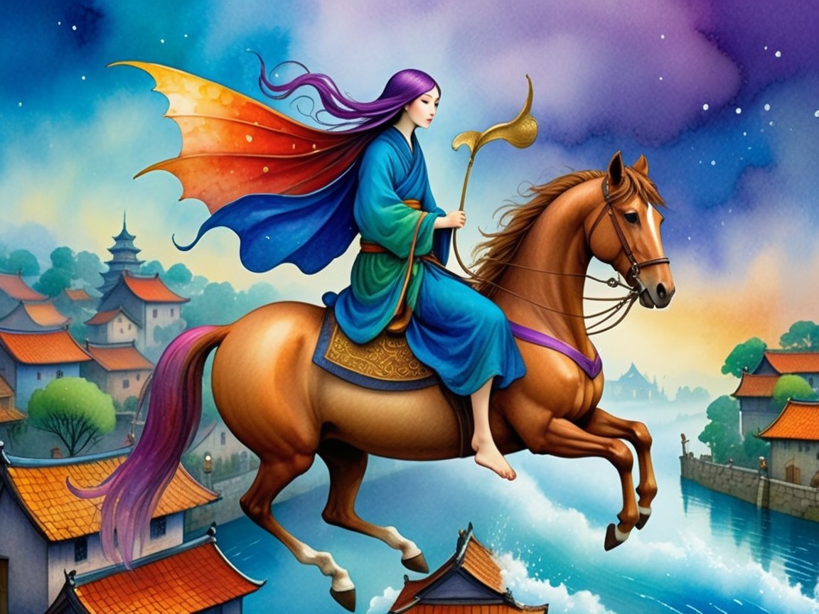 Mystical Figure Riding Horse Over Colorful Village