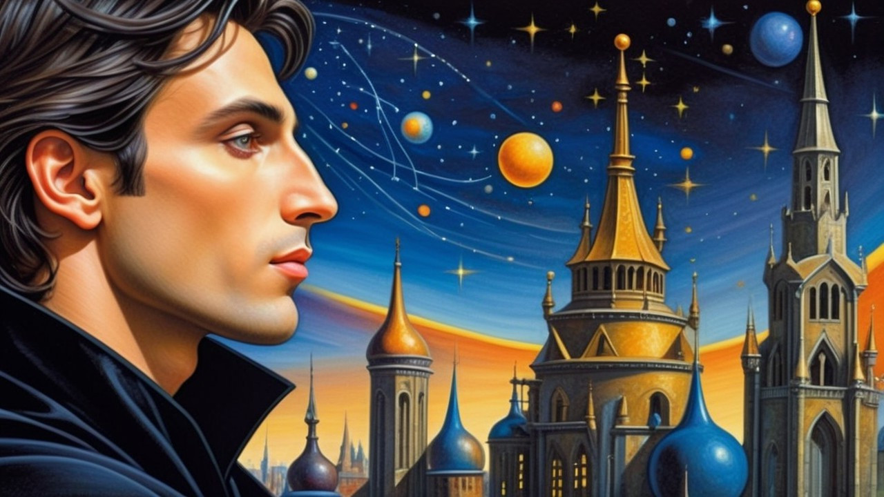 Young Man Contemplating Starry Sky and Skyline