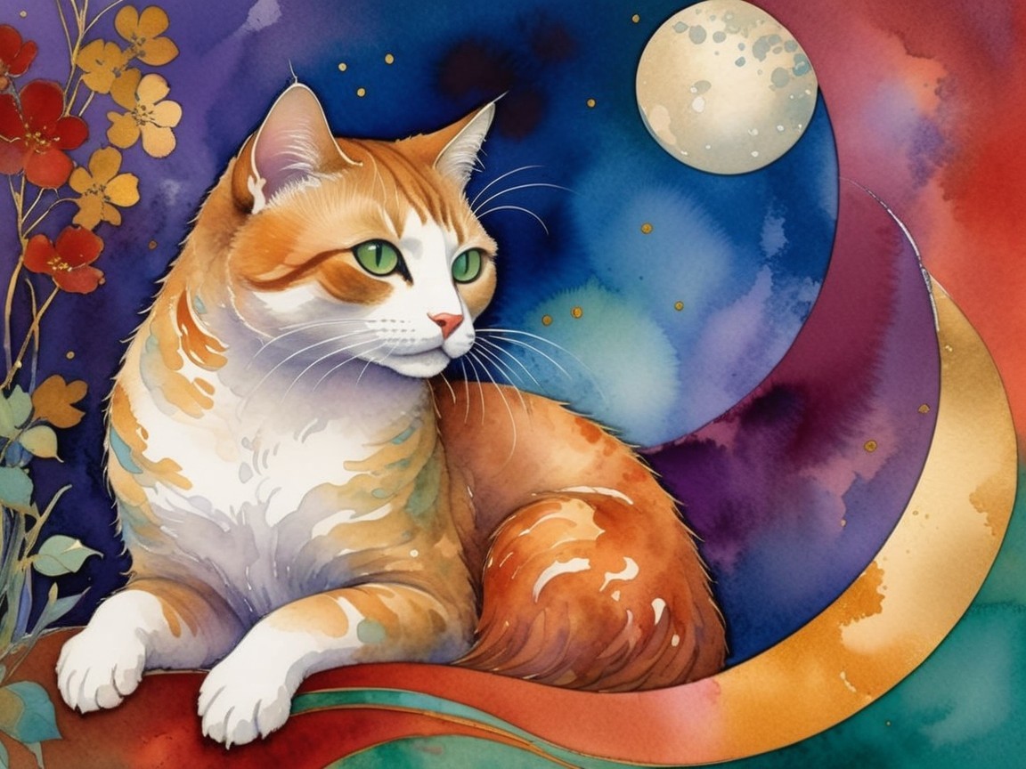 Vibrant Watercolor of Cat with Moon and Flowers