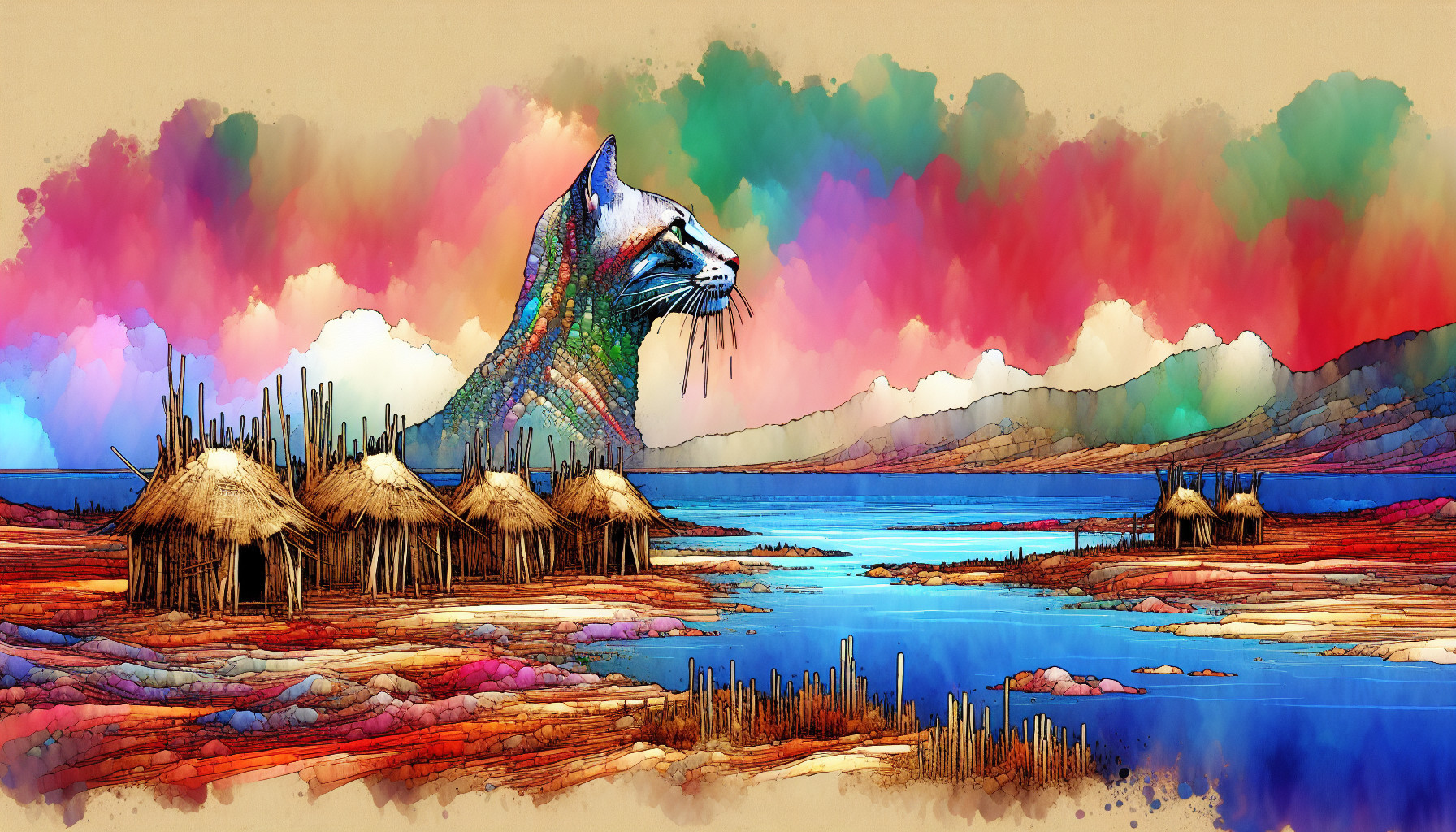Surreal Landscape with Vibrant Colors and Huts