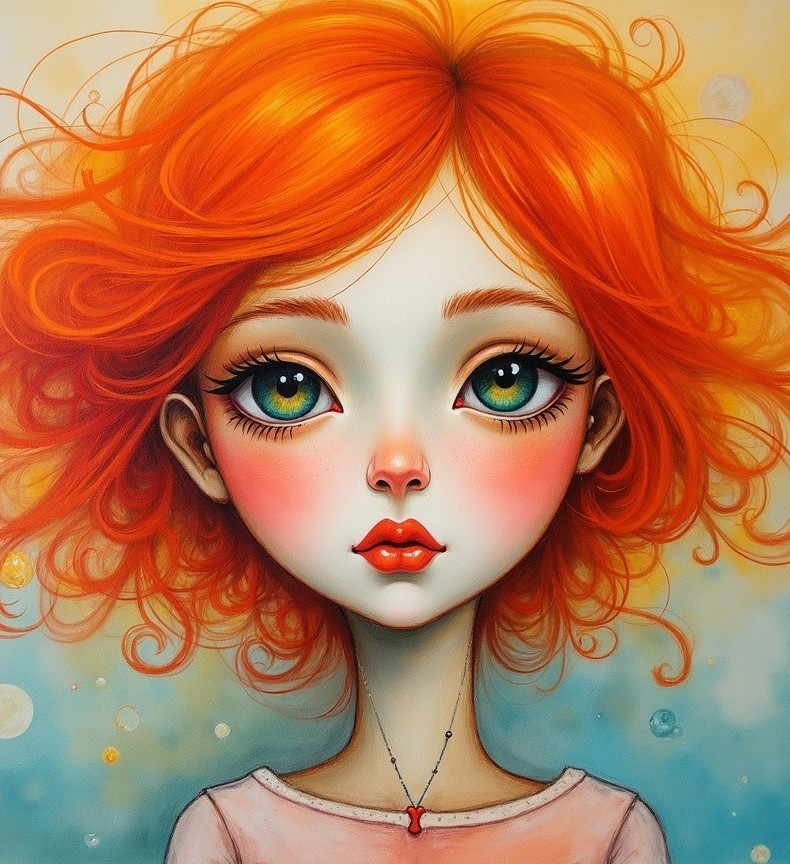 Portrait of a girl with orange curly hair and green eyes