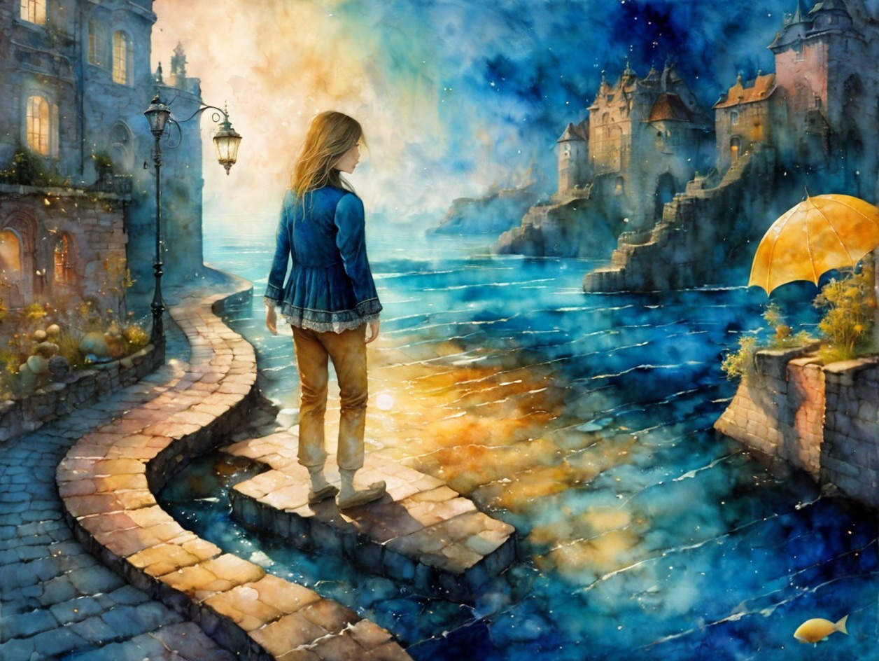 Girl on Cobblestone Path by Shimmering Blue River