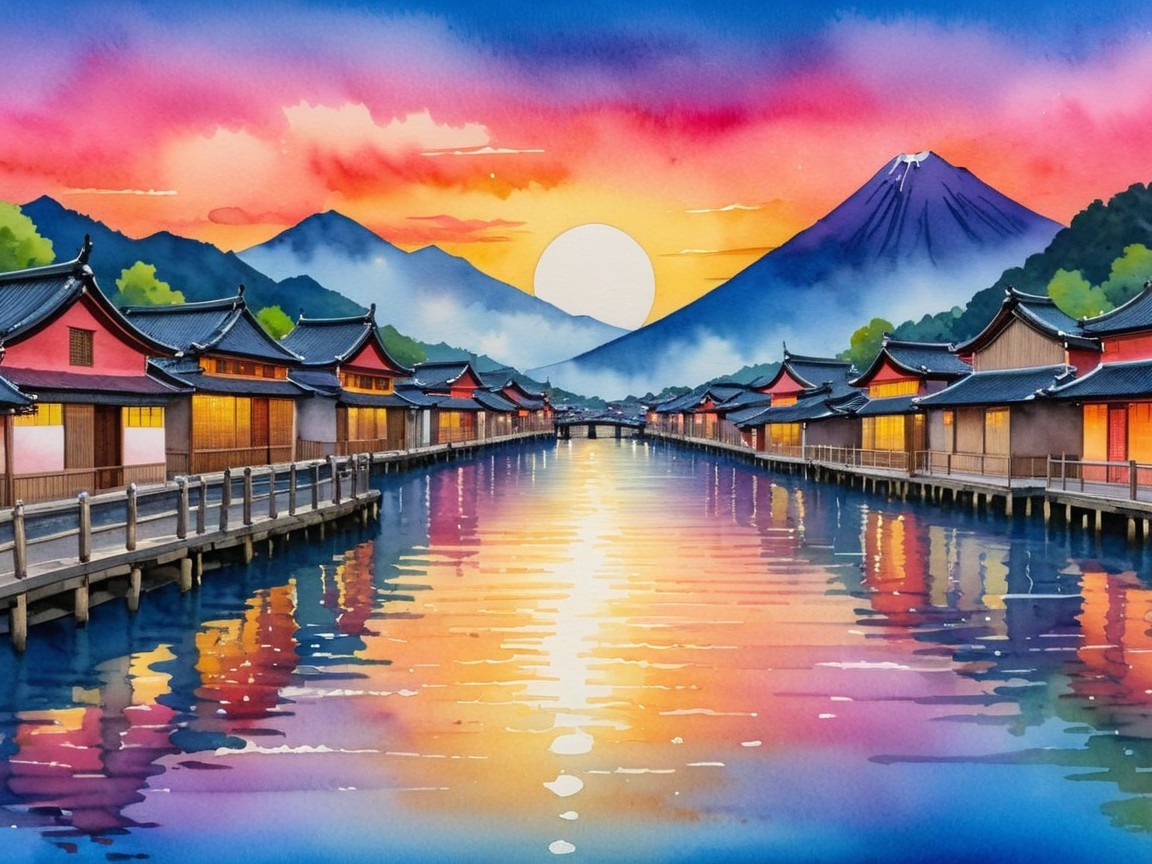 Watercolor Landscape of River and Sunset Reflections